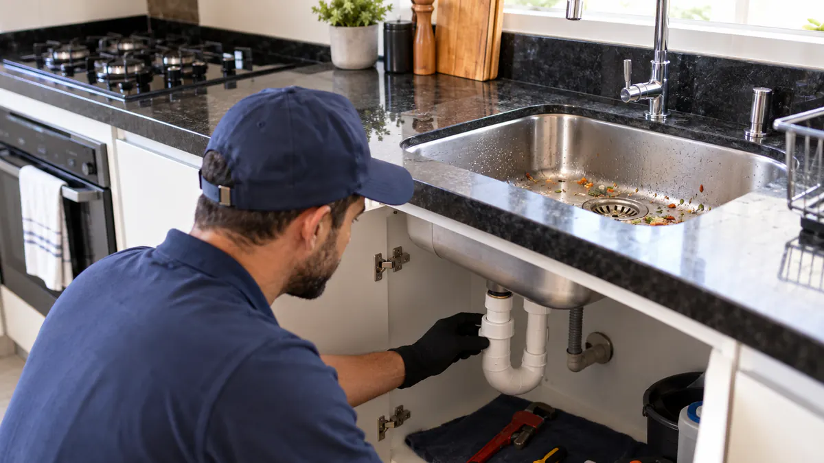 Profissional verificando o sifão de uma pia entupida em cozinha