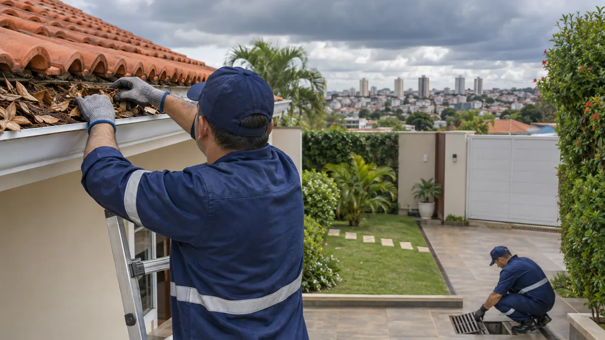 Profissionais limpando calha e ralo pluvial antes do período de chuvas